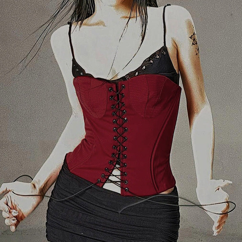 European And American Hot Girl Contrast Colors False-two-piece Woven Lace-up Waist-controlled Slimming Camisole